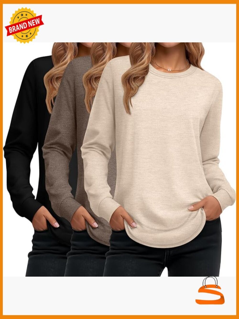 Cotton Crew Neck Tunic Tops Long Sleeve Pullover Sweatshirts 3 Pack